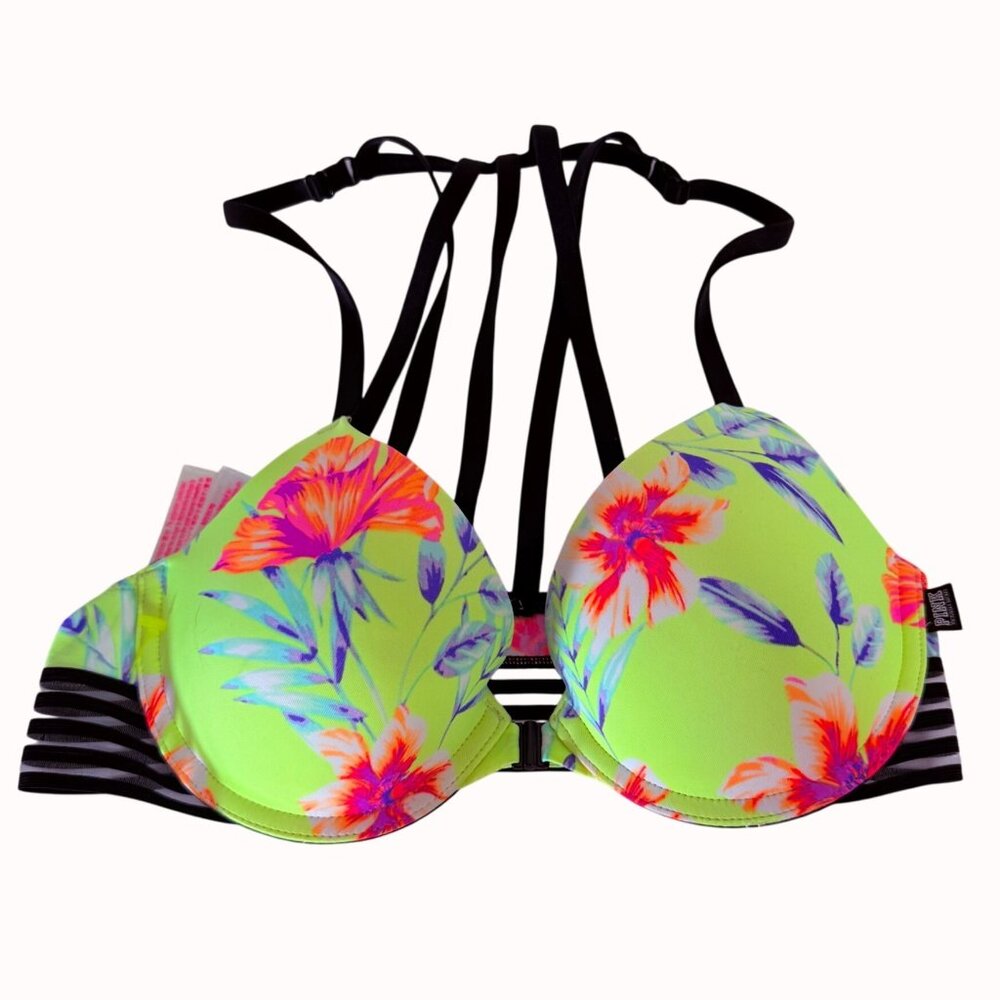 Wear Everywhere Push Up Bra Size 32C  Floral Strappy Back Victorias Secret PINK